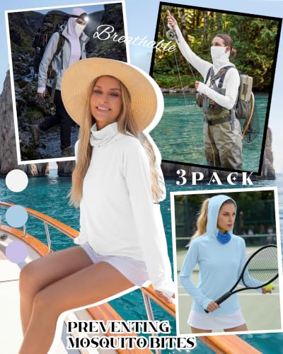 Xaatren 3 Pack Women's UPF 50+ Sun Hoodies with Face Mask Thumb Holes Quick Dry Fishing Shirts UV Protection Hiking Shirt - color: Purple, Blue, White, size: Medium