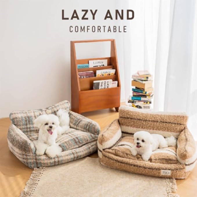 Lazy Holiday Plush Cozy Dog & Cat Sofa Bed, Teddy Velvet Dog Bed, Trendy Striped Faux Lambswool Double Layer Dog & Cat Sofa Bed Dogs Sleeping Mat for Medium Small Dogs & Cats (A-2,L)