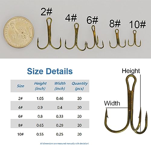 20pc/Box Fishing Treble Hooks Set High Carbon Steel Fishing Hooks Classic Round Bend Hook 2# 4# 6# 8# 10# - color: Tea, size: 10#-20pcs