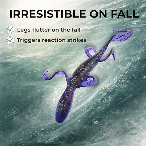 Wild Lizard Soft Lure, 5.5 Inch Scented Creature Bait for Bass Fishing, Active Legs & Tail, Dense Salt Body for Natural Sink, Ideal for Texas & Carolina Rig, 10-Pack - color: Blue Pearl