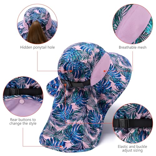 BASSDASH UPF 50+ Unisex Water Resistant Wide Brim Sun Hat with Large Neck Flap Ponytail Fishing Hat for Men Women - color: Palm Leaves/Light Purple