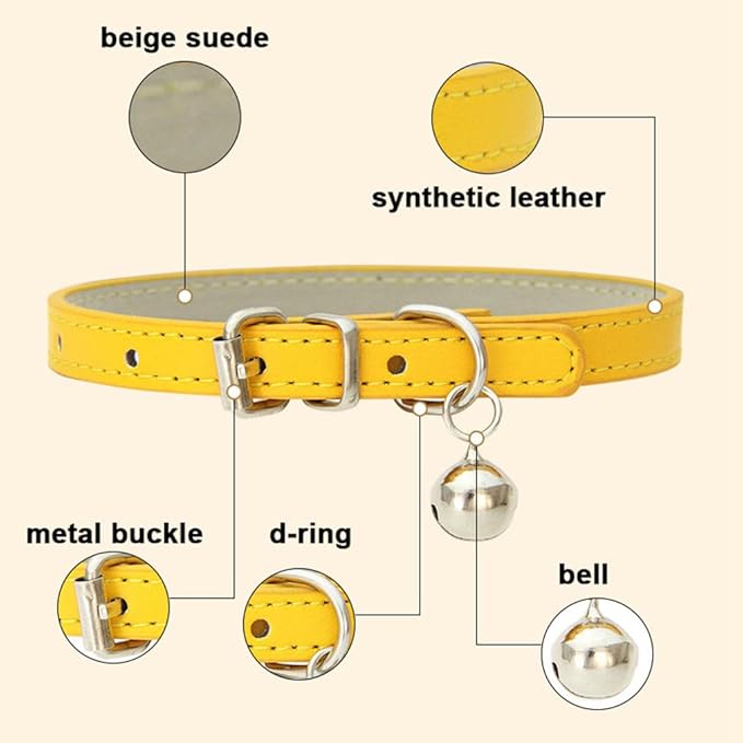 XS Dog Collar with Bell, Soft Pu Leather Cat Collars Adjustable Buckle for XXS Extra Small Medium Tiny Female Male Boys Girls Pets Puppy Kitten Teacup Yorkie Khaki X-Small