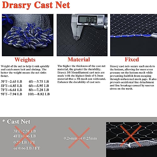 Drasry Saltwater Fishing Cast Net for Bait 3/8 1/4 or 1/2 with Heavy Sinkers Fish Trap Throw Net. Size 3ft/4ft/5ft/6ft/7ft/8ft/9ft/10ft Radius Freshwater Nets - size: 4FT (120cm) Radius, style: Lead Sinkers-3/8mesh-0.3mm Mono