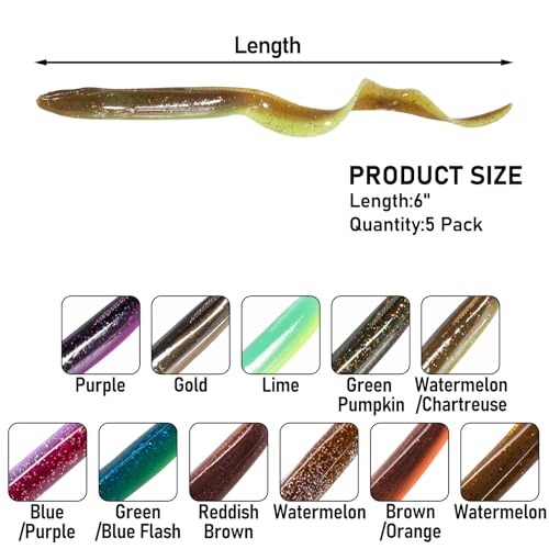 Dr.Fish 5 Pack Sand EEL Lures Saltwater Soft Fishing Lures Swimbait 6 Inch 3/8oz Surf Fishing Creature Baits Soft Plastic Artificial Ribbontail Worm - color: Watermelon/Chartreuse