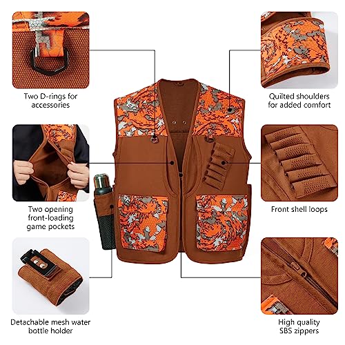 BASSDASH Upland Game Field Water-Resistant Bird Hunting Vest with Multi Pockets Men Women FV11 - color: Brown/Flame Camo, size: XX-Large