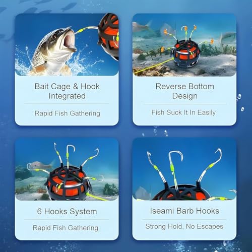 Reverse Bottom Bait Cage Fishing Hook, 360° Floating Bait Cage Fishing Hook, 6-Hooks Carp Feeder Rig, Spring Baits Cages Trap Fishings Hooks, Freshwater Saltwater for Carp, Catfish, Tilapia(1PC,No. 7) - color: 1pc, size: No. 7
