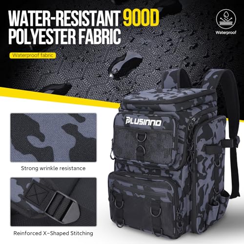 PLUSINNO Fishing Backpack with Tackle Boxes,Fishing Gear,42L Waterproof tackle Backpack with Rod Holders,Lures,Tools,Pliers & Accessories, Fish Gifts for Men - color: Black Camouflage With Tools