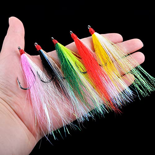 Bucktail Teasers Fishing Hooks Saltwater Flounder Rig Bucktail Mylar Teasers Inserted Fishing Teaser Hooks for Jigs Spoons Lures Hi/Lo Rig Striped Bass Bluefish Flounder Surf Bottom Fishing - color: Yellow-white, size: 6pcs