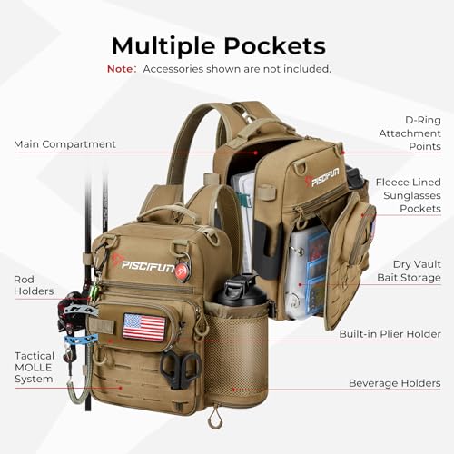 Piscifun Fishing Tackle Backpack, 3-Way Carry with Rod Holders | 16 smart pockets, 2 rod holders, Rain cover, Breathable back support, Convertible sling/waist/backpack carry - color: Khaki