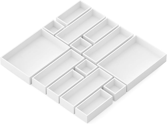 SpaceAid 14-Piece Bamboo Drawer Organizer Storage Boxes Set, Wood Tray Junk Drawer Organizers Multi-Use Divider Bins for Kitchen, Bathroom, Office Desk and Makeup Organization (14 Pack, White)