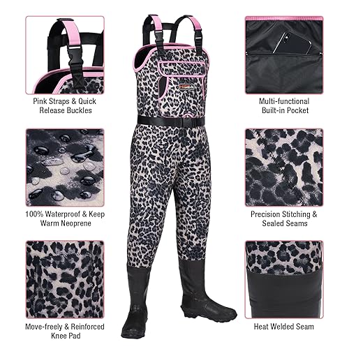 HISEA Women Waders Waterproof 400G Insulated Neoprene Chest Wader for Women - color: Arabian Leopard, size: 10