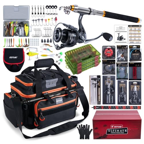 Goture Fishing Rod and Reel Combos,1.8M-2.7M Telescopic Fishing Pole Spinning Reel Line Lures Set with Carrier Bag,Telescopic Rod Kit for Starter Travel Saltwater Freshwater Gear Gift - color: E1:Fishing Full Kit with Tackle Bag, size: 9 ft/2.7 m