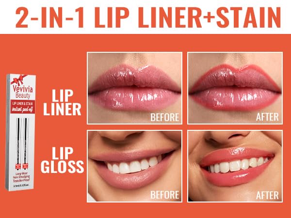 2pcs Lip Stain Peel Off - Lip Liner Stain Long Lasting Waterproof,2-in-1 Lip Liner with Tweezer Nude Matte,Non-Stick Cup,Highly Pigmented，Natural Finish,Stay On All Day,Perfect for Gift (Mauve+Rose)