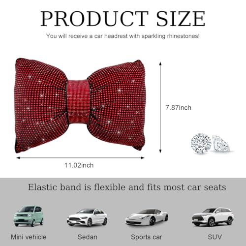 Yourkar Bling Car Seat Neck Pillow, Soft Bling Bowknot Headrest Neck Support Rest Cushion, Neck Relax Head Rest Auto Pillow with Crystal Rhinestone for Women, Car Accessories (Red) - color: Red