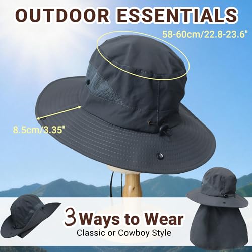 PFFY Sun Bucket Hats for Men Women Fishing Hat UV Protection Wide Brim Beach Safari Hat with Neck Flap - color: Lightgrey (With Neck Flap)