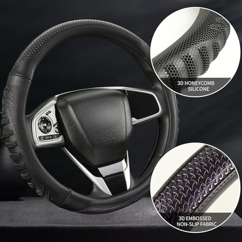 D Shaped Steering Wheel Cover Great Grip with 3D Honeycomb Hole, Anti-Slip Sporty Design, Universal 15 inch(Black with Purple) - color: Black with Purple, size: D Shaped-Middle[14.5''-15'']