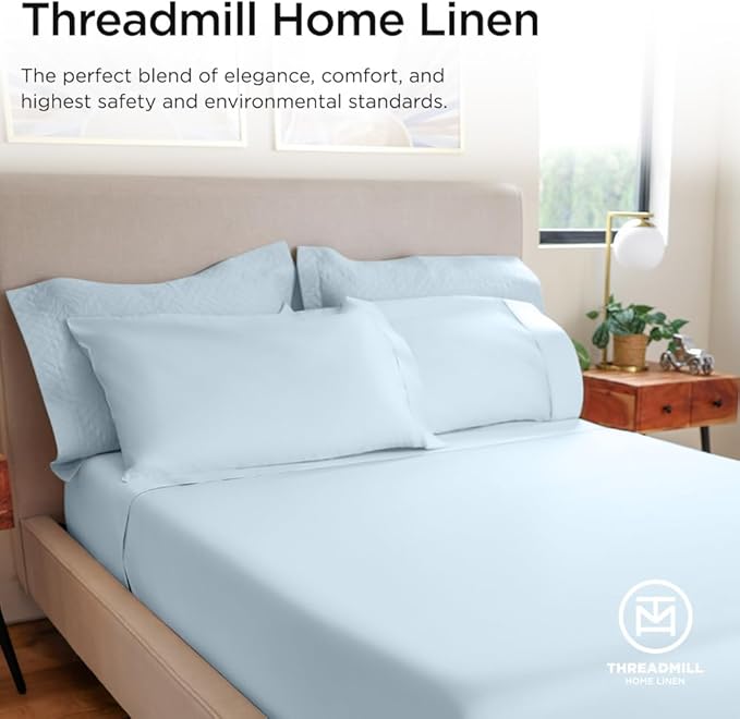Threadmill Luxury 800 Thread Count King 100% Cotton Sheets - Light Blue Sateen Weave Bed-Sheets, Better Than Egyptian Cotton,4 Pc Solid Soft Bedding Set, Fits 16" Deep Pocket