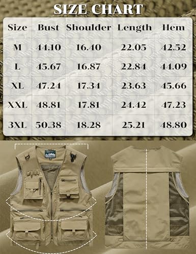 Men's Lightweight Mesh Fishing Vest Utility Outdoor Multi-Pocket Hunting Cargo Vest - color: Khaki, size: 3X-Large