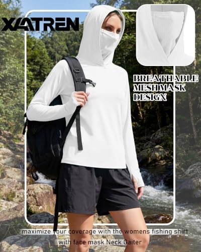 Xaatren 3 Pack Women's UPF 50+ Sun Hoodies with Face Mask Thumb Holes Quick Dry Fishing Shirts UV Protection Hiking Shirt - color: Purple, Blue, White, size: Medium