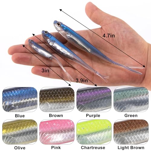 Dr.Fish Soft Plastic Baits, Fork Tail Soft Jerkbait Minnow Lures, 3 to 4-3/4 Inches Soft Swimbaits Jerk Shad Baits Crappie Bass Fishing Lures - color: Green, size: 4"-5 Pack