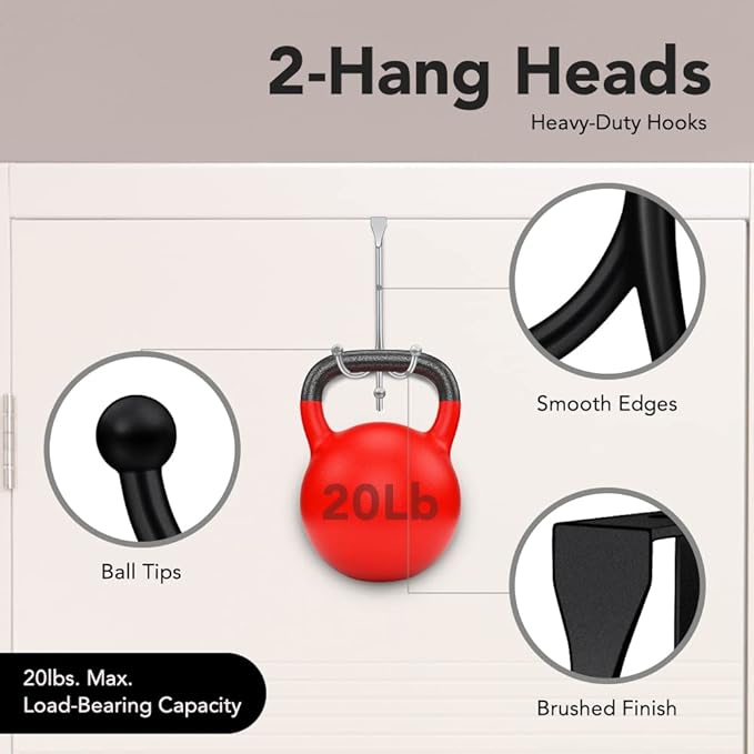 2-Pack Over The Door Hooks - with 2 Hang Heads & Snug Fit Pads Heavy Duty Hook for Hanging Coats, Towels, Caps & Robes - Elegant Matt Finish - No Drill Hanger Organizer - Black