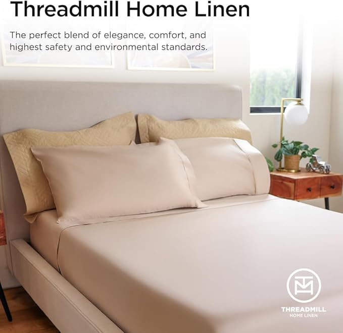 Threadmill 100% Cotton Sheets for Cal King Size Bed - 600 Thread Count Cal King Bed Sheets Set with 16” Deep Pocket - Sateen Weave 4-Piece Bedding Set with Cooling Effect, Beige