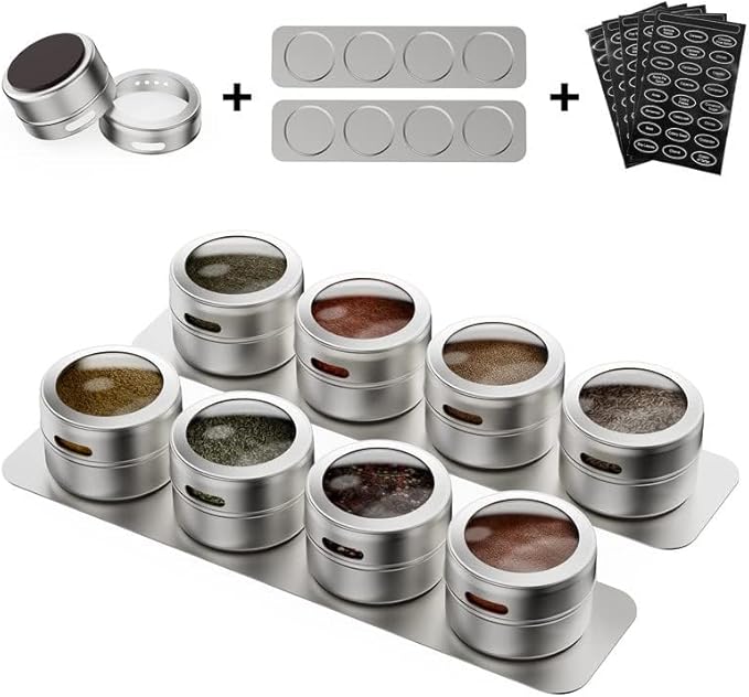 Vetacsion Set of 8 Magnetic Spice Tins with 2 Metal Wall-Plates,100 Preprinted Seasoning Label Stickers,2 Styles for 3 oz Herb Jars