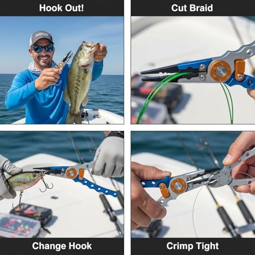 Aluminum Fishing Pliers with Hook Remover, Extended Throat, Split Ring Tool, for Saltwater Fishing, Lightweight Braid Line Cutters, Crimping Sleeves, Anti-Lost Lanyard, Nylon Sheath