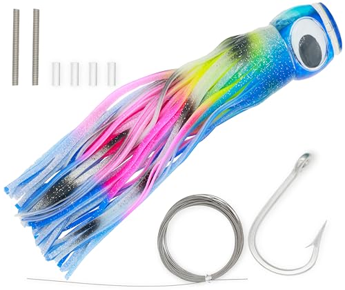 13.4Inch Fishing Trolling Lures Saltwater Trolling Skirted Lures Offshore Big Game Artificial Fishbait for Tuna Marlin Deep Sea Octopus Squid Skirts Rigged Hooks - color: colourC kit