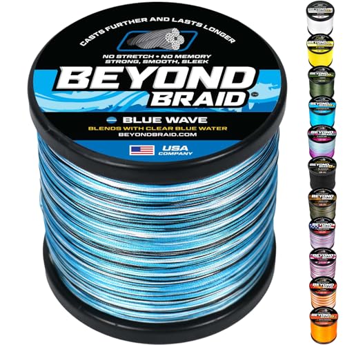 Beyond Braid Braided Fishing Line -Super Strong - Abrasion Resistant - No Stretch -Blue Camo, Moss Camo, White, Green, Pink, Blue, 4 Strand 8 Strand - color: Blue Wave, size: 15LB (500 Yards)
