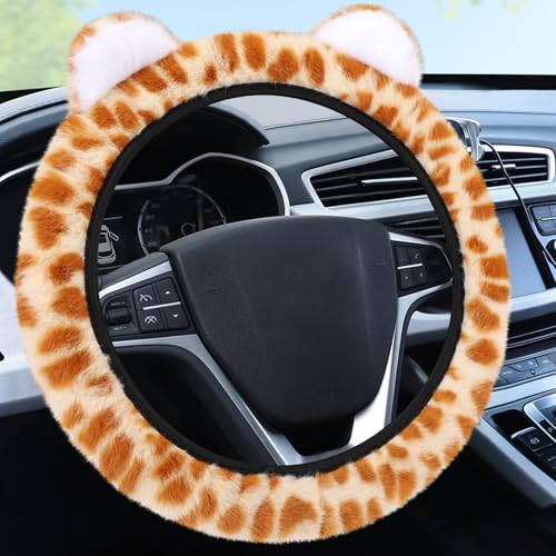 Accmor Fuzzy Leopard Print Car Steering Wheel Cover Women Car Accessories | Soft Furry, Non-Slip, Elastic Steering Wheel Covers, Universal 15 Inch Fit Auto, Suvs, Truck - color: Style B/Orange Leopard, Ear