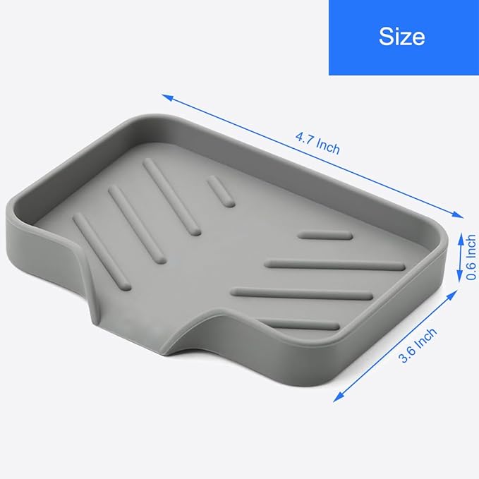 Sponge Holder with Drain Spout, Silicone Sponge Tray for Kitchen Sink, Rubber Soap Dish for Shower Bathroom (Grey, 4.7" x 3.6")
