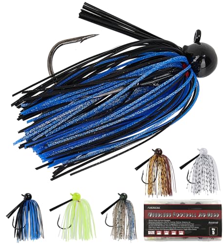 Weedless Football Jigs for Bass Fishing, Multi-Coloured Finesse Football Jig Heads with Vivid Hand-Tied Silicone Skirt and Weed Guard 1/4 3/8 1/2 3/4oz (Pack of 5) - size: 3/4oz-5pcs