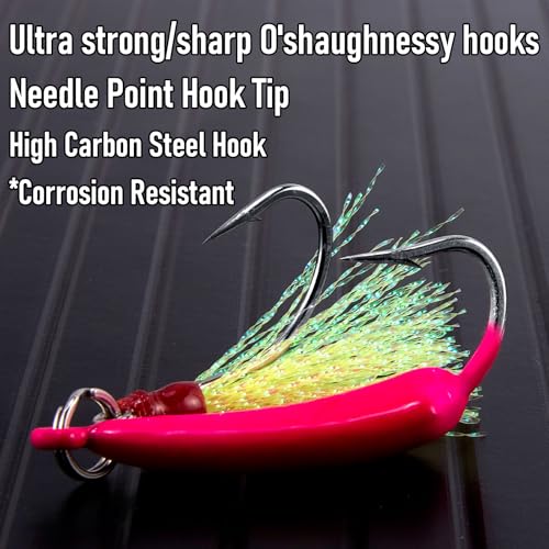Dr.Fish 5 Pack Pompano Jigs with Teaser Hooks, Surf Fishing Jig Heads Saltwater Lure Banana Shape Stand Up O'Shaughnessy Beach Casting Halibut Striper Redfish Flounder - color: Pink, size: 1oz-Hook 4/0