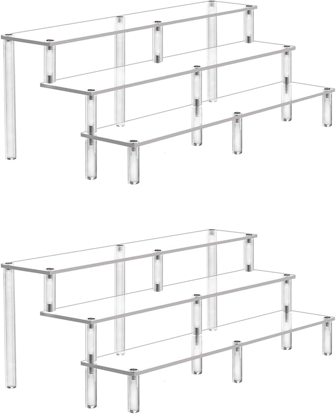 Acrylic Riser Display Shelf,3 Tier Display Riser for Amiibo Funko POP Figures,Display Stand Large Risers for Display Cupcake Perfume Organizer Cologne Makeup Collection Countertop Tabletop(2 PACKS)