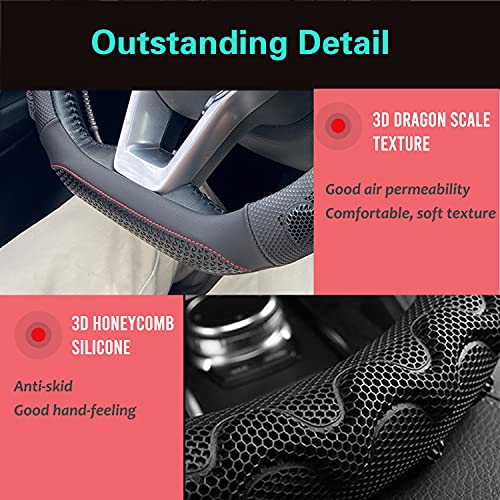 PINCTROT D Shaped 14.5-15 Inch Steering Wheel Cover Great Grip with 3D Honeycomb Anti-Slip Design, Flat Bottom 14.5-15 Inch (Black/Red Stitch) - color: 8.D-shaped,Black (Red Trim), size: Medium(Standard) Size[14 1/2''-15'']