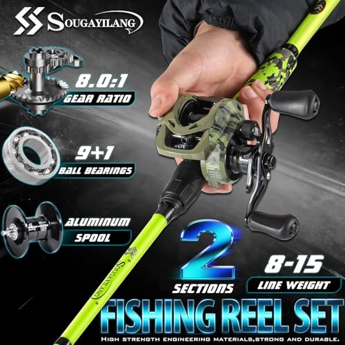 Sougayilang Baitcasting Combo – 8.0:1 Gear Ratio, 18LB Drag, 9+1 Bearings, IM7 Graphite 2-Piece M/MH Rod, EVA Handle, Camo Finish for Topwater Bass, Pike, Walleye - style: Cast-7'00''-right Handle-mh