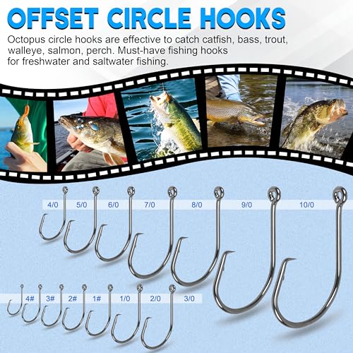 Fishing Circle Hooks Saltwater, 120pcs Catfish Hooks Offset Circle Octopus Fishing Hooks High Carbon Steel Black Nickel 2X Strong Barbed Fishhooks for Bass Trout Catfish Freshwater Size 6#-10/0 - size: 3/0-120pcs