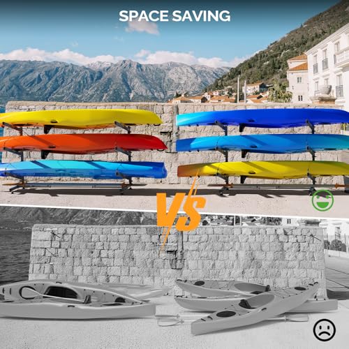 Bonnlo Kayak Storage Rack, Adjustable Heavy Duty Kayak Rack for Kayaks Paddle Boards, Kayak Paddle Holder for Garage, Spacesaver, Gentle on Padding, Boat Organizer - style: 3 Kayaks, Free Standing
