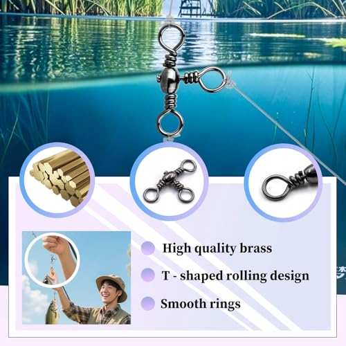 Natufish 3 Way Swivels Fishing Tackle - 25Pcs/50Pcs Three Way Swivel Black T-Turn Barrel Swivel High Strength Connector for Catfish Rigs - size: 4#_66lbs_50pcs