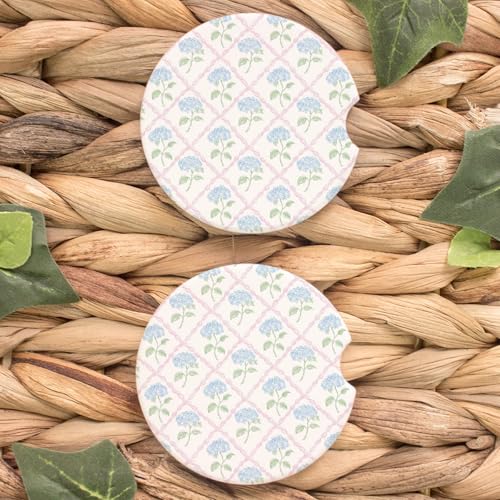 Car Coasters for Cup Holders Set of 2 – Blue Hydrangea Trellis Cup Holder Inserts with Finger Notch – Preppy Grandmillennial Cute Car Accessories for Women - color: White
