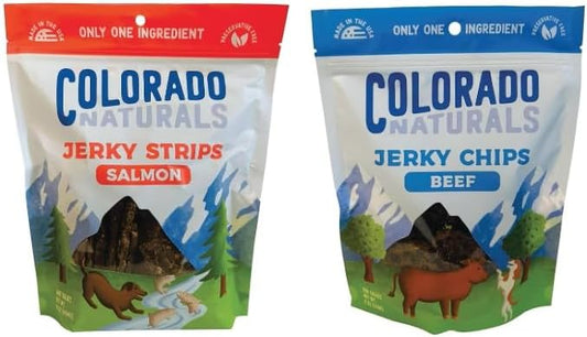 Colorado Naturals Salmon Jerky Chips Dog Treats 16 oz Beef Jerky Chips Dog Treats 6 oz – All-Natural, Made in USA, No Fillers or Preservatives – Great for Muscle Development