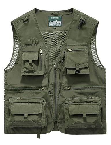 Men's Lightweight Mesh Fishing Vest Utility Outdoor Multi-Pocket Hunting Cargo Vest - color: Army Green, size: 3X-Large