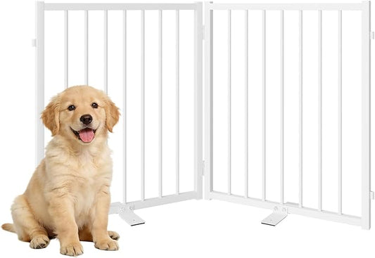 Full Metal Freestanding Gate with Door, 24'' Height Foldable Pet Dog Fence for Indoor & Outdoor, 2 Panels Extra Wide Free Standing Small Dog Gates for Doorways,House,Stairs,Porch,Deck,Yard
