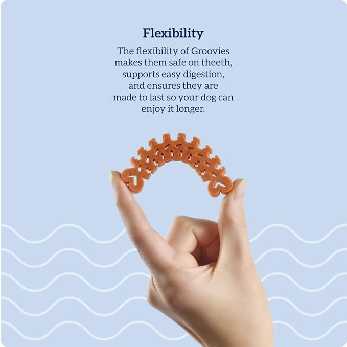 Groovies Flexible Dog Dental Chews with Patented DentalFit Technology to Help Support Tartar Control & Fresh Breath, Large Dog Chews for 25-50 lb Dogs, USA Manufactured Oral Care, 6 Chews