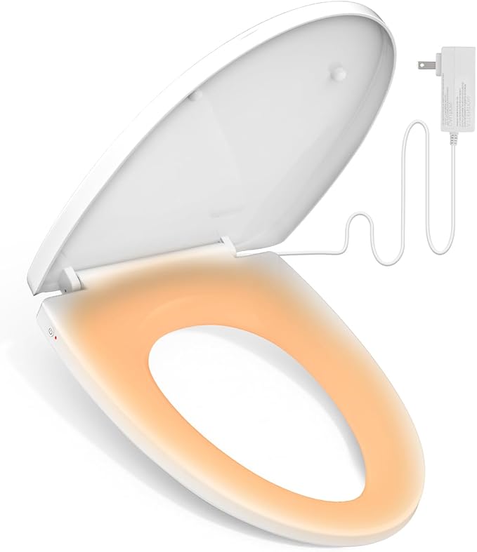 iliD Heated Toilet Seat, Elongated Seat, Three Levels of 90°F, 95°F,100°F, 3D Curved, Lid and Seat Soft Close, Light-sensitive Night Light, IPX4