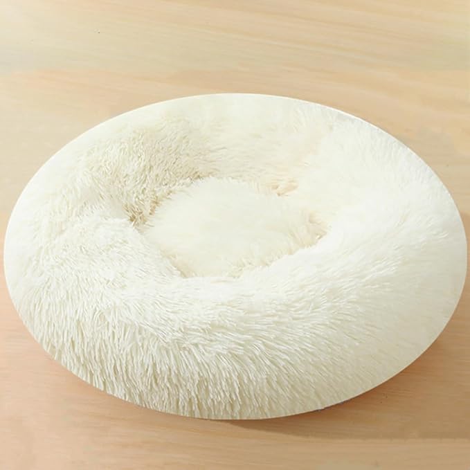 Large Calming Dog Bed, 40 Inch Anti-Anxiety Donut Dog Cuddler Cat Bed, Warming Cozy Soft Dogs Round Bed, Fluffy Faux Fur Machine Washable Pet Cushion for Medium Large Dogs & Cats (White)
