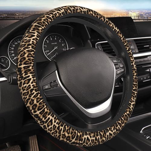 Leopard Cheetah Print African Animal Hunting Car Steering Wheel Cover,Non-Slip Elastic Neoprene-Sweat Car Accessories,Universal 15 Inch Fit Auto, Vans Trucks,Suvs, Truck - color: Leopard Cheetah Print