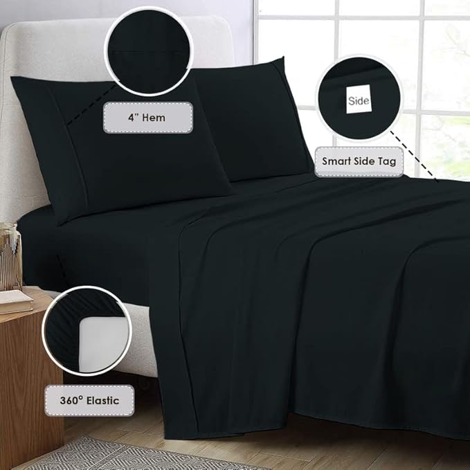Pizuna Pure 100% Cotton Bed Sheets Set King Size Black, 800 Thread Count 100% Long Staple Cotton Sateen King Sheet Set with 15" Deep 2 Extra Pillowcases (Combed Cotton Bed Sheet Set)