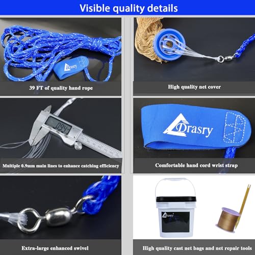 Drasry Saltwater Fishing Cast Net for Bait 3/8 1/4 or 1/2 with Heavy Sinkers Fish Trap Throw Net. Size 3ft/4ft/5ft/6ft/7ft/8ft/9ft/10ft Radius Freshwater Nets - size: 4FT (120cm) Radius, style: Lead Sinkers-0.5 in Mesh-tire Lines